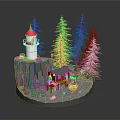 Miniature Coastal Landscape With Red White Lighthouse Rocky Cliff Wooden Cabin Pine Trees And Boat