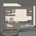 Tatami Bedroom Interior With Bed Desk Chair Wooden Storage Shelves And Window Blinds