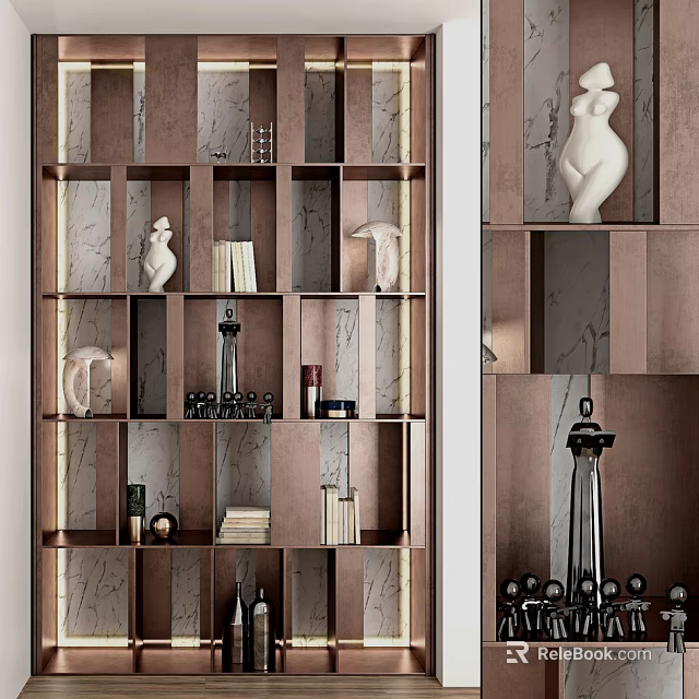 Modern Wooden Shelving Unit With Open Grid Design Displaying Books Sculptures And Decor Items 3d model 