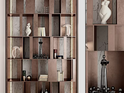 Modern Wooden Shelving Unit With Open Grid Design Displaying Books Sculptures And Decor Items 3d model