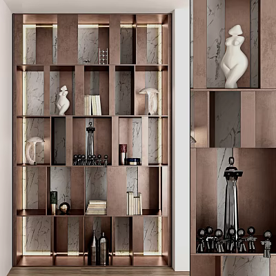 Modern Wooden Shelving Unit With Open Grid Design Displaying Books Sculptures And Decor Items 3d model