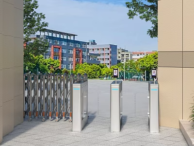Entrance Gate With Automatic Turnstiles Flanking Pillars Surrounding Trees And Background Buildings Under Blue Sky 3d model