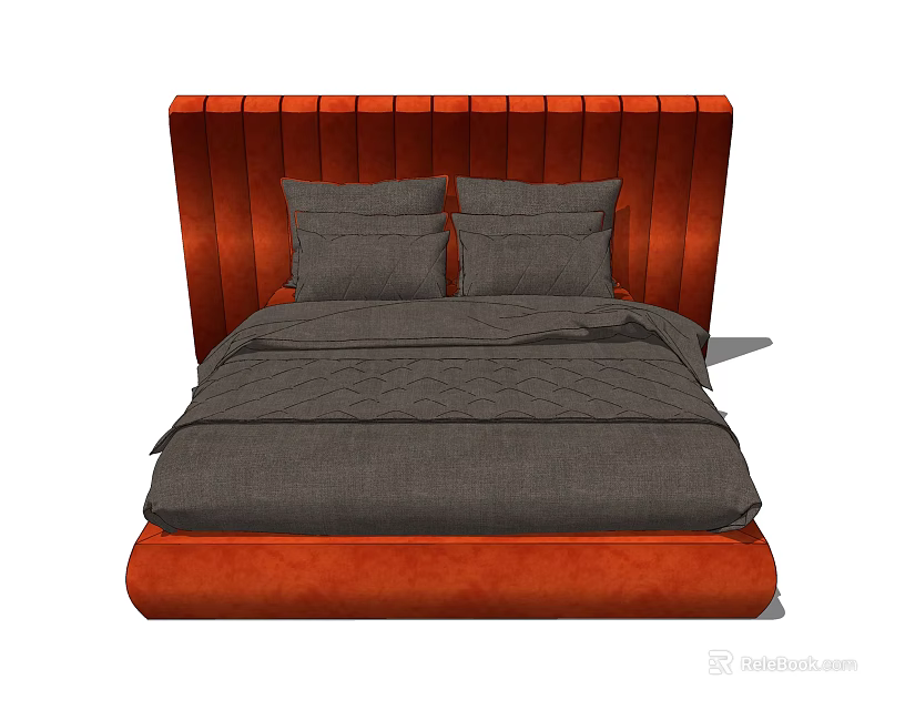 Modern Upholstered Double Bed With Red Vertical Tufted Headboard And Gray Bedding 3d model