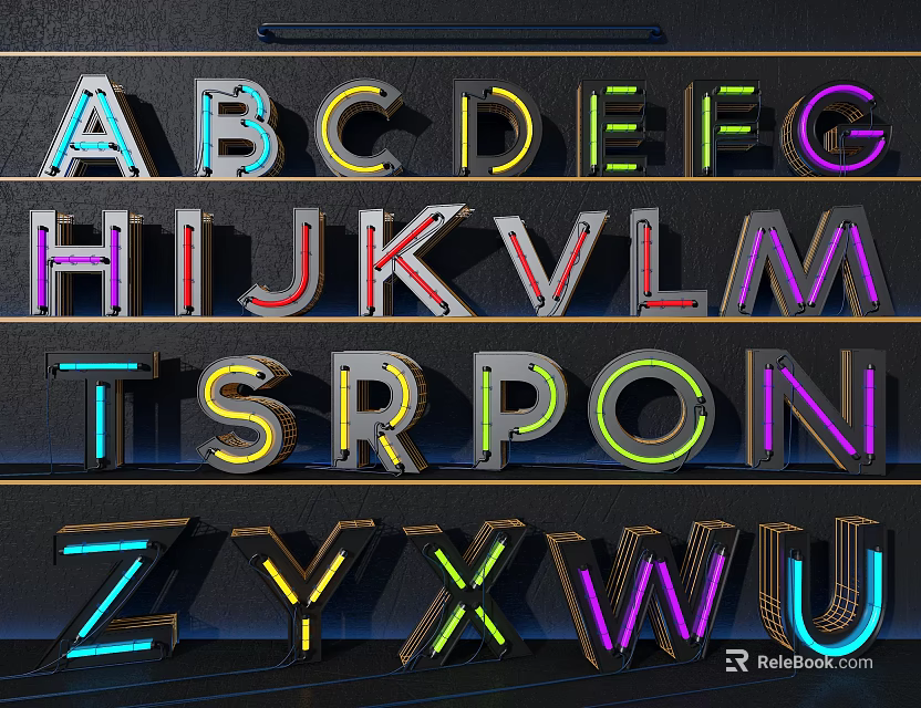 Decorative Neon Lights With Colorful Alphabet Letters Arranged In Rows Modern Illumination 3d model 