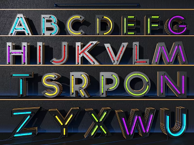 Decorative Neon Lights With Colorful Alphabet Letters Arranged In Rows Modern Illumination 3d model