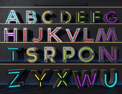Decorative Neon Lights With Colorful Alphabet Letters Arranged In Rows Modern Illumination 3d model