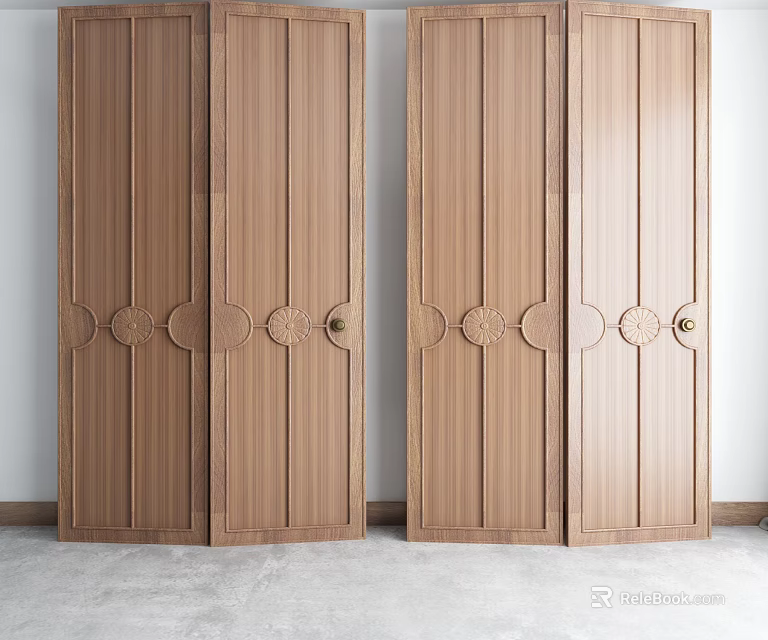 Light Brown Wooden Room Divider For Interior With Decorative Circular Patterns And Metal Handles 3d model 