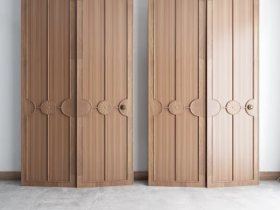 Light Brown Wooden Room Divider For Interior With Decorative Circular Patterns And Metal Handles 3d model