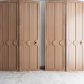 Light Brown Wooden Room Divider For Interior With Decorative Circular Patterns And Metal Handles