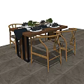 Wooden Dining Table Set With Matching Chairs Tableware And Green Plants 3d model