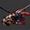 Muscular Warrior Man Holding Sword In Ornate Red Black Clothing Standing Pose