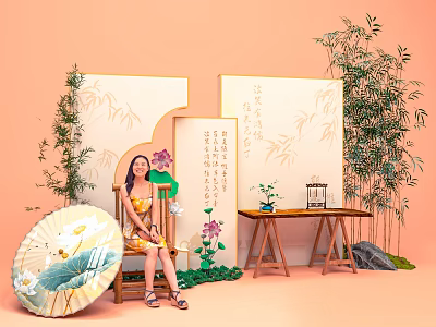 Traditional Chinese Photo Check In Spot With Bamboo Screen Calligraphy And Lotus Decorations 3d model