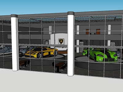 Showroom Window Displaying Yellow And Green Sports Cars With Glass Facade And Lamborghini Logo 3d model