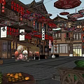 Chinese Garden Landscape With Traditional Ancient Street Red Lanterns And Hanging Oil Paper Umbrellas