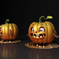 Halloween Smiling Pumpkin Decorative Ornament Set With Cute Faces And Green Stems
