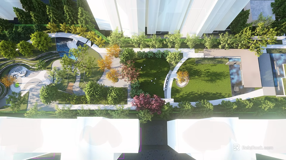 Residential Landscape With High-Rise Buildings Lush Greenery Various Trees And Open Lawn 3d model 