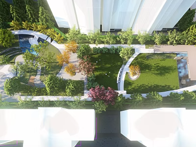 Residential Landscape With High-Rise Buildings Lush Greenery Various Trees And Open Lawn 3d model
