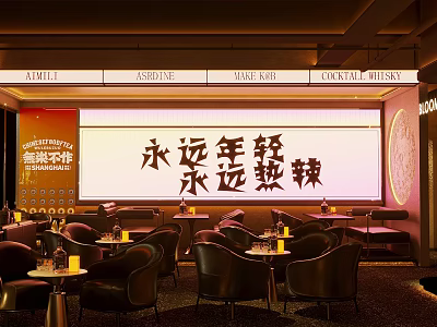 Modern Bar Interior Design With Neon Chinese Signs Tables And Chairs 3d model