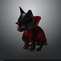 Adorable Black Cat In Red Cape With Heart Shaped Accessory Standing On Gray Background