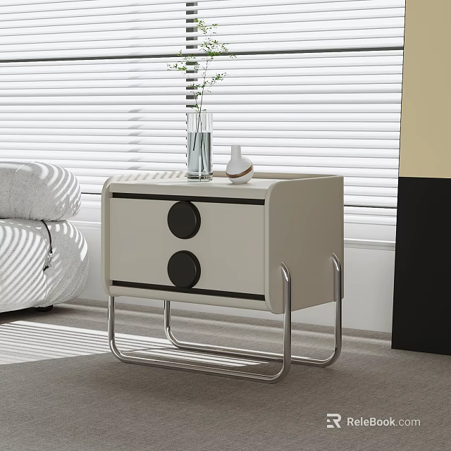 Modern White Bedside Table With Black Circular Accents Metal Frame And Plant 3d model 