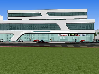 Modern Building Exterior Design With Glass Curtain Wall Front Lawn And Parked Cars 3d model