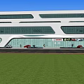 Modern Building Exterior Design With Glass Curtain Wall Front Lawn And Parked Cars