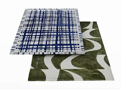 Modern Square Rugs Featuring Blue White Grid And Green Wave Patterns 3d model