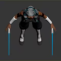 Game Movie Character With Blue And White Hair Holding Blue Lightsaber In Black Red Outfit