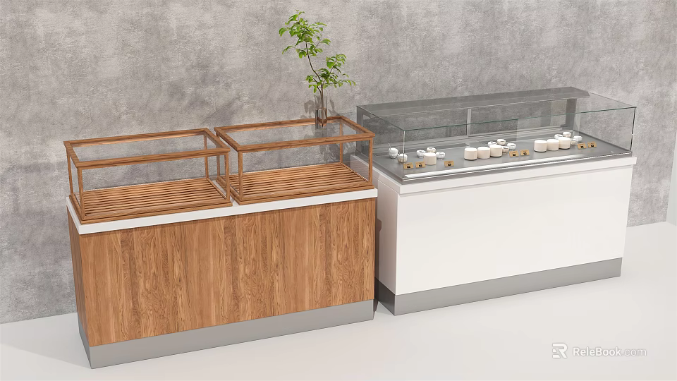 Modern Wooden Display Shelves With Glass Showcase Counter And Small Plant Decoration 3d model 