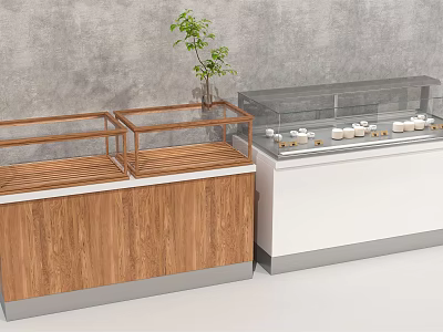 Modern Wooden Display Shelves With Glass Showcase Counter And Small Plant Decoration 3d model