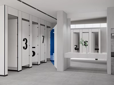Modern Public Restroom Interior With Numbered Stalls Mirrors Washbasin Counter And Potted Plant 3d model