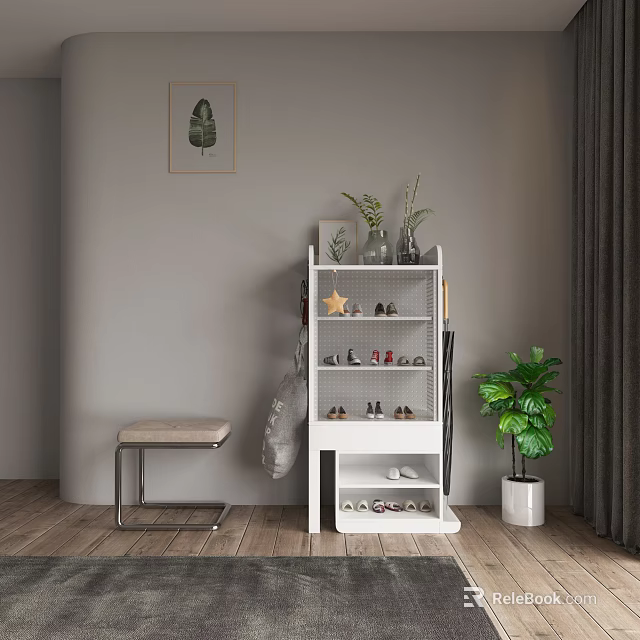 Modern White Multi Tiered Shoe Cabinet With Decorative Plants Stool And Indoor Greenery 3d model 