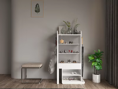 Modern White Multi Tiered Shoe Cabinet With Decorative Plants Stool And Indoor Greenery 3d model