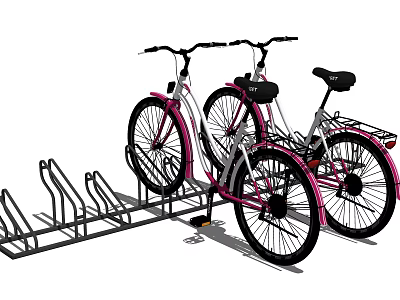 Two Pink and White Bicycles Securely Parked on Metal Bike Rack 3d model