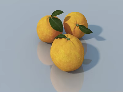 Three ripe oranges with green leaves on smooth gray surface showing reflections 3d model