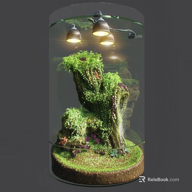Bonsai Pot Plant with Transparent Glass Cover Rockery Green Plants Moss Small Waterfall Top Lights 3d model 