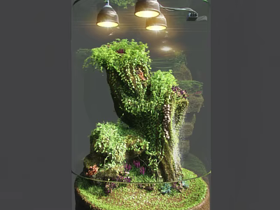 Bonsai Pot Plant with Transparent Glass Cover Rockery Green Plants Moss Small Waterfall Top Lights 3d model