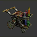 Wooden Utility Cart With Roast Chicken Fruits And Colorful Bottles