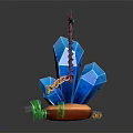 Decorative Ornament Set Featuring Blue Crystals Colorful Striped Staff Green Grass Brown Base Golden Ring