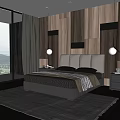 Modern Double Bed With Upholstered Headboard White Mattress Black Pillows Nightstands And Pendant Lights