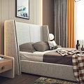 Modern Double Bed With Upholstered Headboard Brown Bedspread Wooden Nightstands Lamps Wall Art Pendant Lights