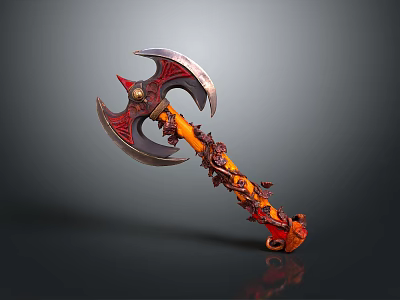 Decorative Battle Axe With Red Orange Handle Shiny Metal Blade And Intricate Carvings 3d model