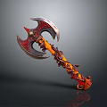 Decorative Battle Axe With Red Orange Handle Shiny Metal Blade And Intricate Carvings