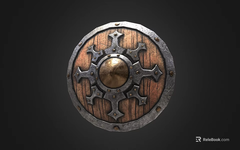 Medieval Shield With Wooden Construction And Metal Accents Ornate Design 3d model 