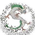 White Aquatic Dragon With Green Mane Curved Body Swimming In Blue Water And Small Fish