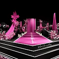 Pink Wedding Banquet Hall With Decorative Flowers Walkway Lighting And Dark Backdrop