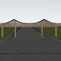 Wooden Arch Entrance Gate With Green Trees And Paved Pathway For Pedestrians
