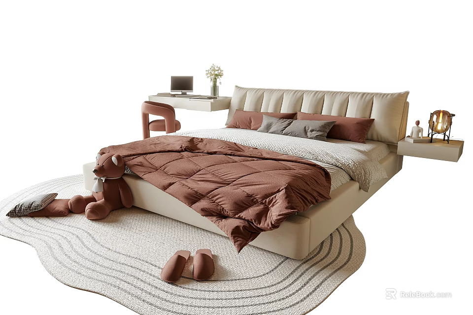 Cozy Double Bed With Beige Upholstered Headboard Brown Quilt And Round Rug 3d model 