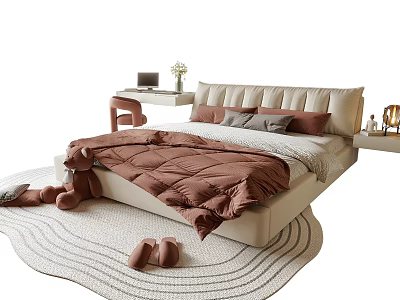 Cozy Double Bed With Beige Upholstered Headboard Brown Quilt And Round Rug 3d model