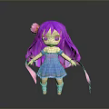 Cute Female Doll With Purple Hair Pink Flower And Blue Dress Standing On Gray Background